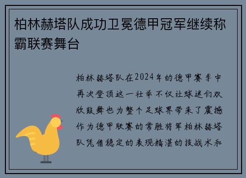 柏林赫塔队成功卫冕德甲冠军继续称霸联赛舞台