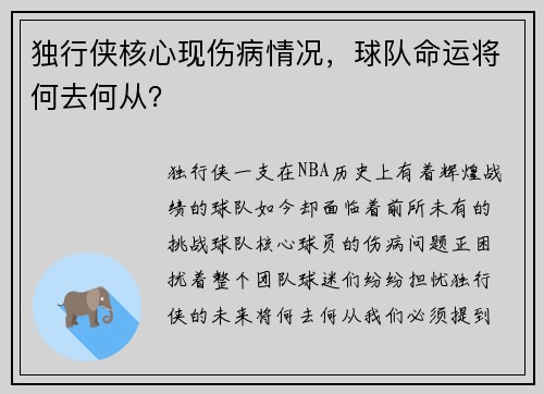 独行侠核心现伤病情况，球队命运将何去何从？