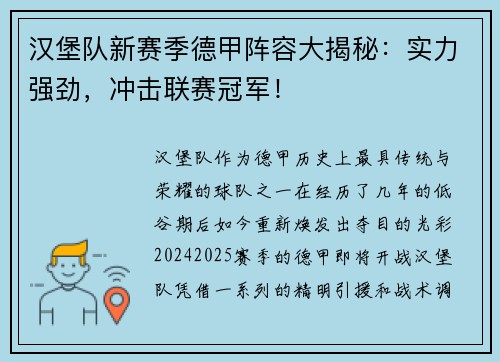 汉堡队新赛季德甲阵容大揭秘：实力强劲，冲击联赛冠军！