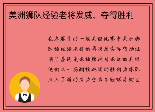 美洲狮队经验老将发威，夺得胜利