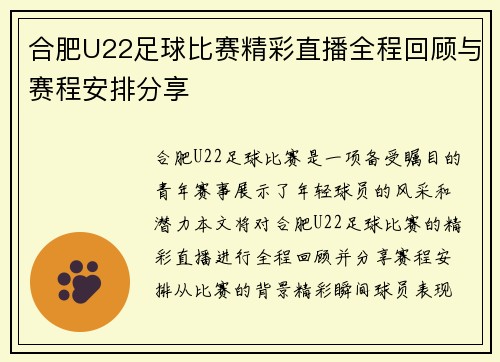 合肥U22足球比赛精彩直播全程回顾与赛程安排分享